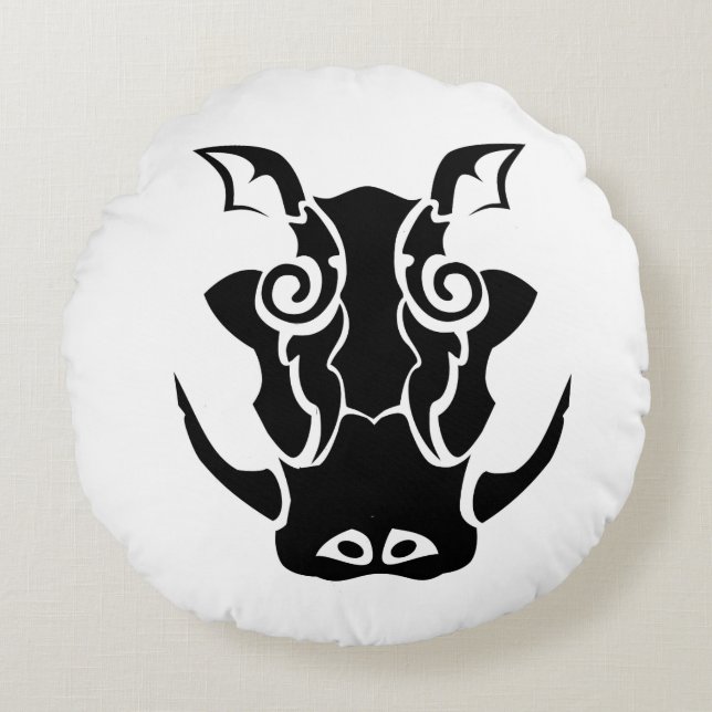 Tribal Tattoo Style Boar Head Round Pillow (Front)
