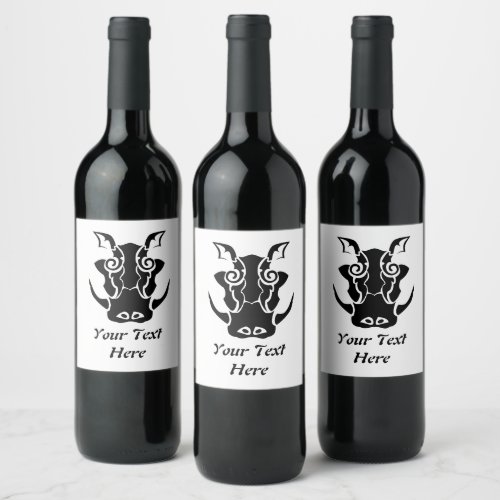 Tribal Tattoo Style Boar Head Wine Label