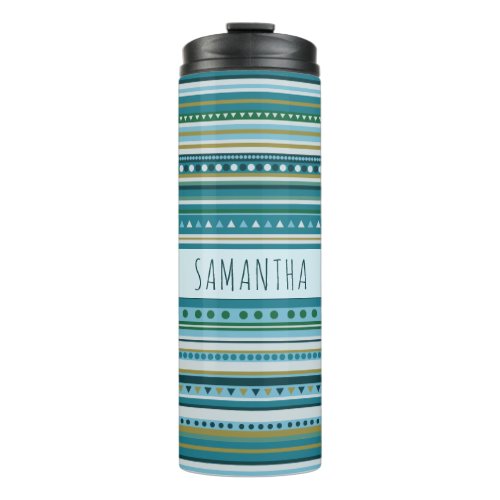 Tribal Teal Blue Stripes Pattern Thermal Tumbler