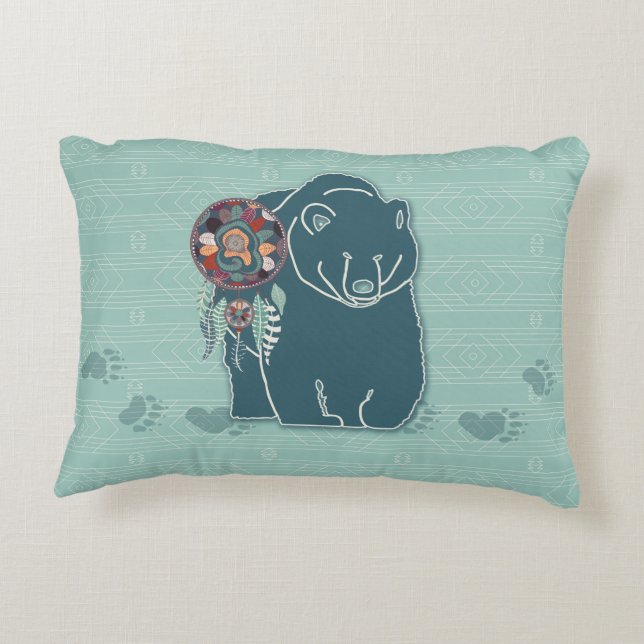 Tribal Teal Green Native American Inspired Bear Accent Pillow (Back)