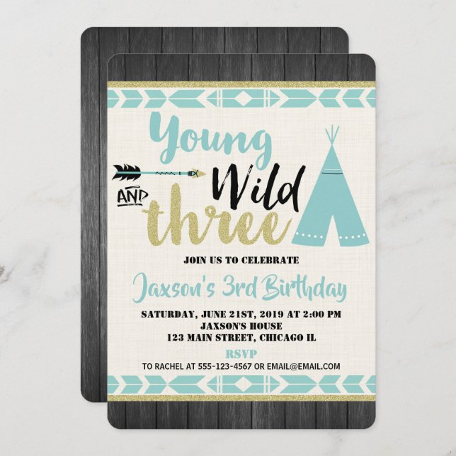 Tribal teepee 3rd third birthday boy invitations (Front/Back)