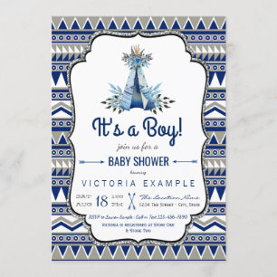 Tribal Teepee Blue Gray Boys Boho Baby Shower Invitation