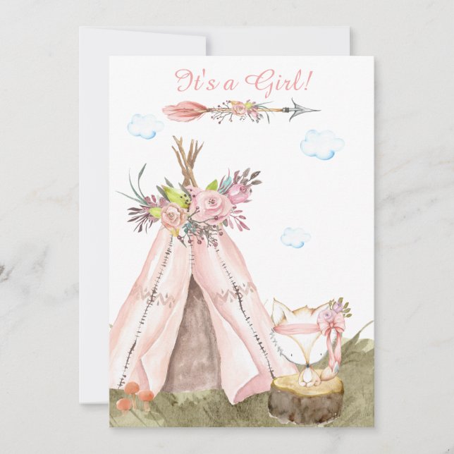*~* Tribal Teepee .  Boho Woodland Forest Girl Fox Invitation (Front)