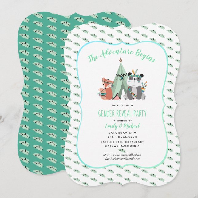 Tribal TeePee Gender Reveal Boy Mint Invitation (Front/Back)