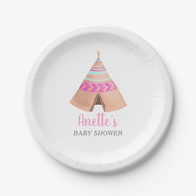 Tribal Teepee Pink Baby Shower Paper Plates (Front)