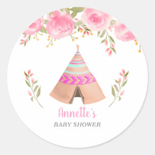 Tribal Teepee Pink Floral Baby Shower Classic Round Sticker