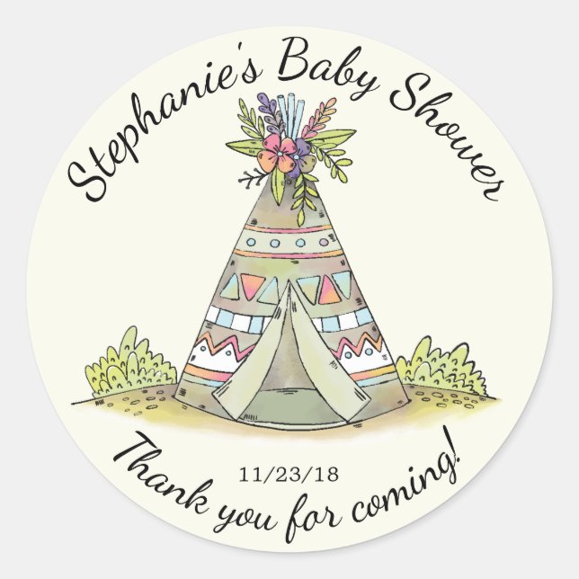 Tribal Teepee Wild Baby Shower Favor Sticker (Front)
