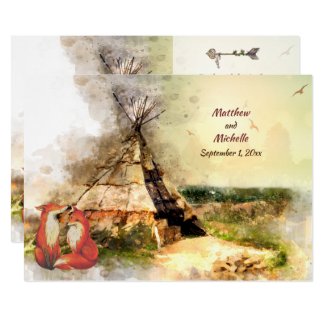 Tribal Tipi and Foxes in Love Boho Teepee Wedding Invitation