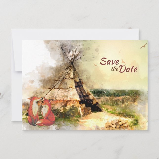 Tribal Tipi and Foxes in Love Boho Teepee Wedding Save The Date (Front)