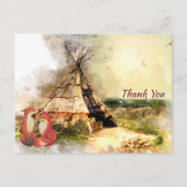 Tribal Tipi, Foxes and Heart Arrow Boho Thank You Postcard (Front)