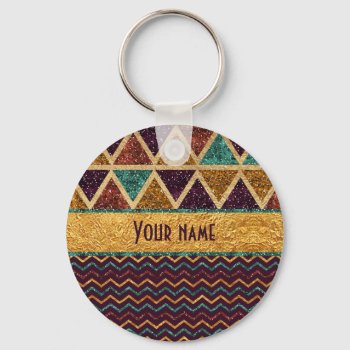 Tribal Triangles Chevrons Faux Glitter Foil Keychain by glamgoodies at Zazzle