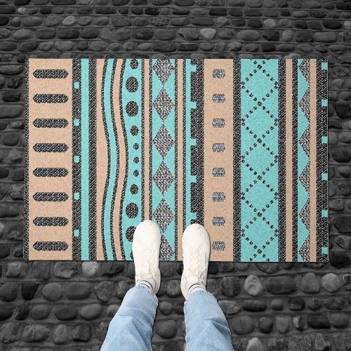 Tribal Turquoise And Peach Pattern Doormat