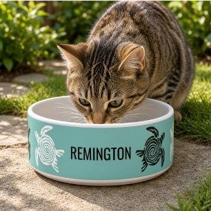 Tribal Turtle Art on Teal with Custom Name Pet Bowl