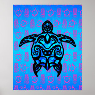 Tribal Turtle Hibiscus Poster