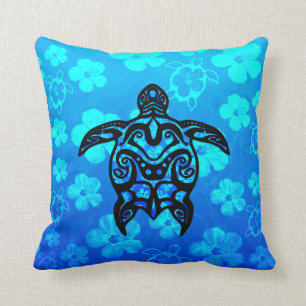 Tribal Turtle Hibiscus Throw Pillow