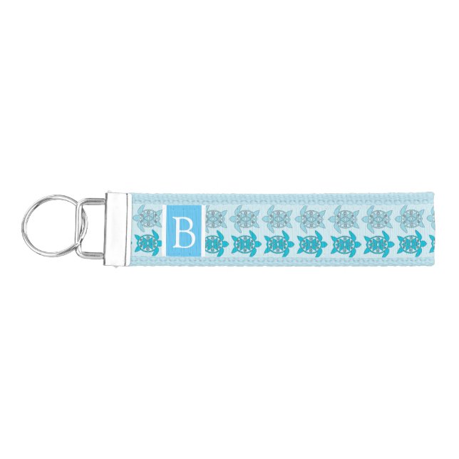 Tribal Turtle Pattern Shades of Blue Wrist Keychain (Keys on Left)