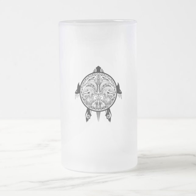 Tribal Turtle Shield Tattoo Frosted Glass Beer Mug (Center)