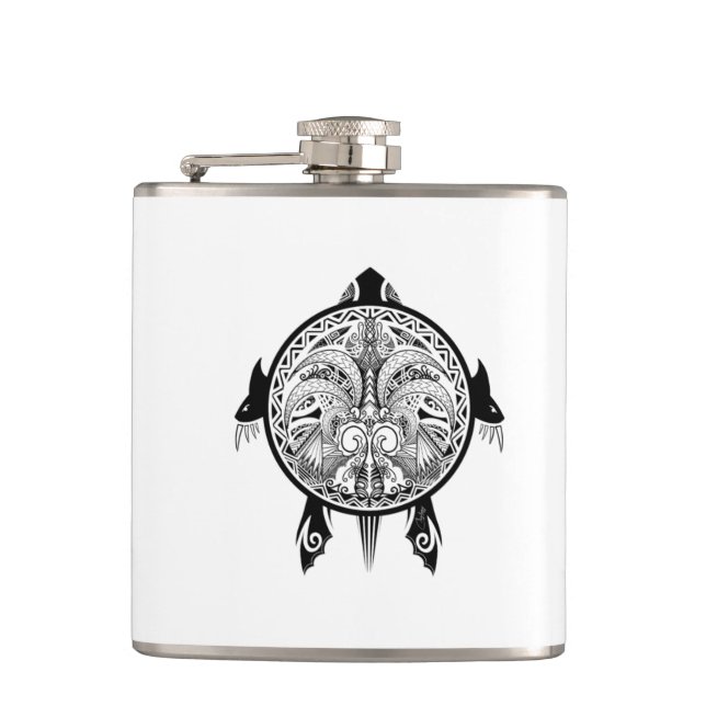 Tribal Turtle Shield Tattoo Hip Flask (Front)