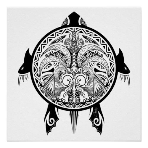 Tribal Turtle Shield Tattoo Poster