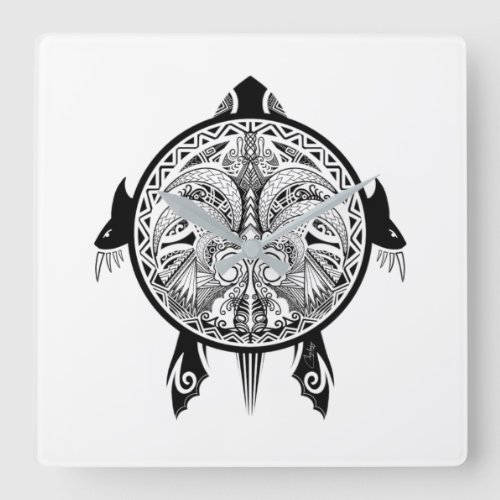 Tribal Turtle Shield Tattoo Square Wall Clock