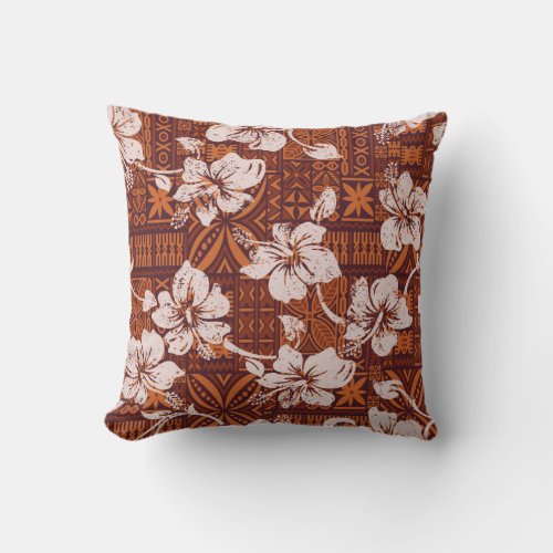 Tribal vintage Hawaiian hibiscus flowers wallpaper Throw Pillow