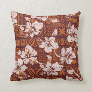 Tribal vintage Hawaiian hibiscus flowers wallpaper Throw Pillow