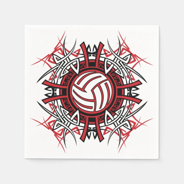 Tribal Volleyball Mandala Red and Black Sports  Paper Napkins (Front)