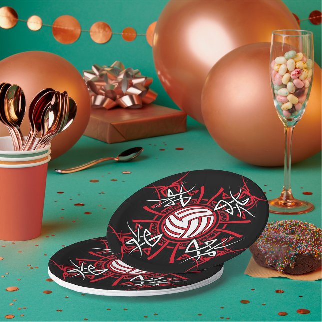 Tribal Volleyball Mandala Red and Black Sports  Paper Plates (Creator Uploaded)
