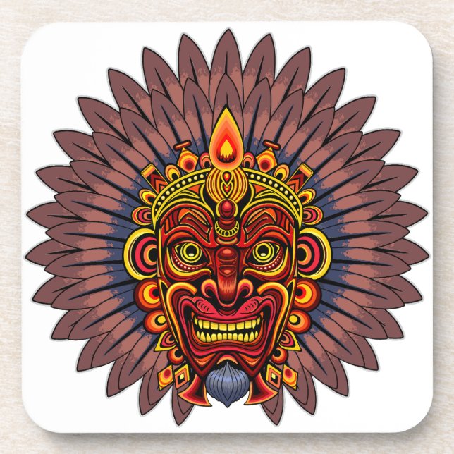 Tribal Warrior King Ritual Mask Beverage Coaster (Front)
