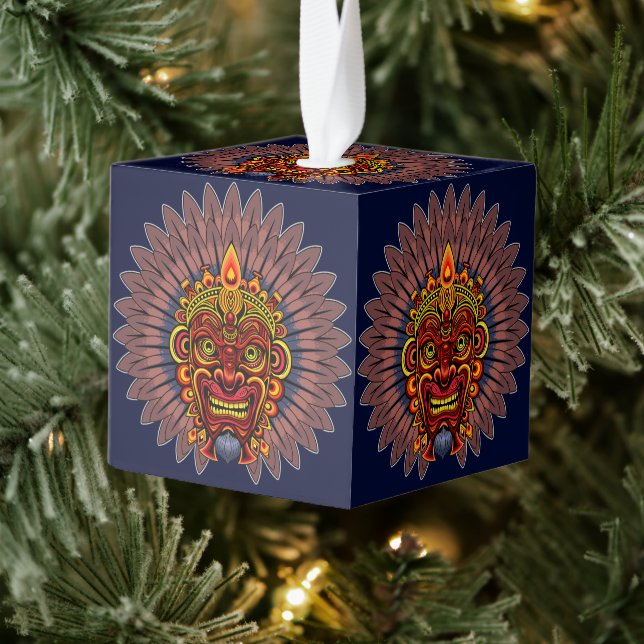 Tribal Warrior King Ritual Mask Cube Ornament (Tree)