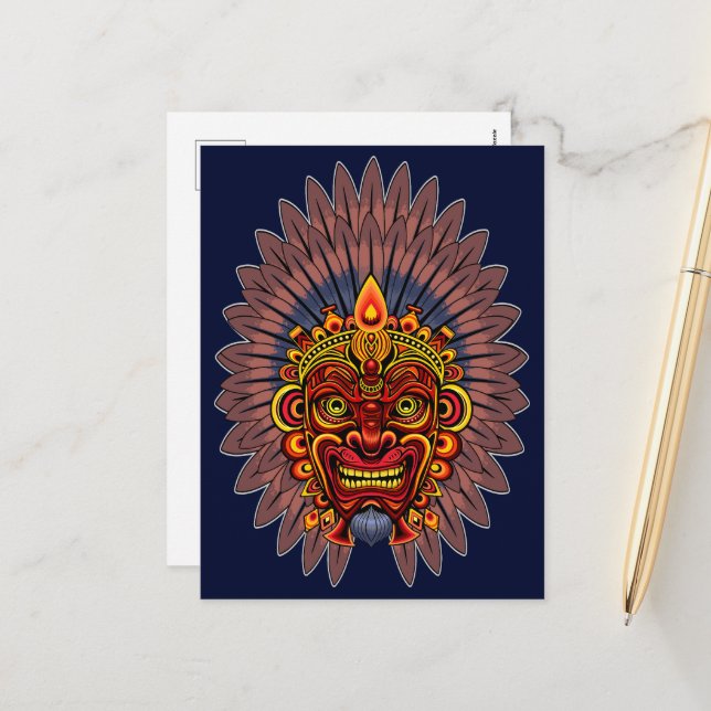 Tribal Warrior King Ritual Mask Holiday Postcard (Front/Back In Situ)