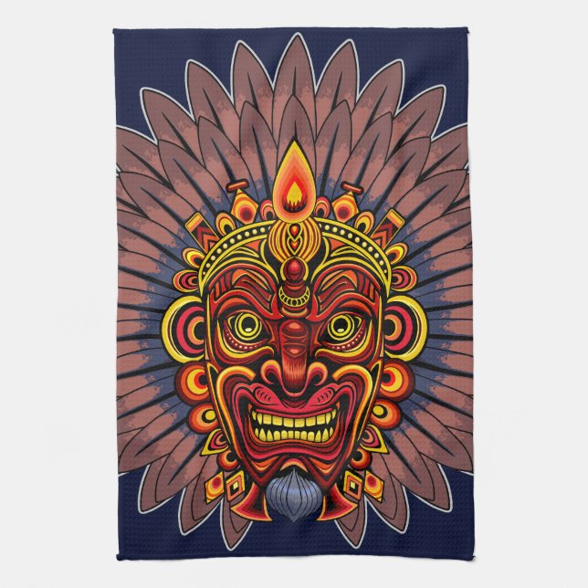 Tribal Warrior King Ritual Mask Kitchen Towel (Vertical)