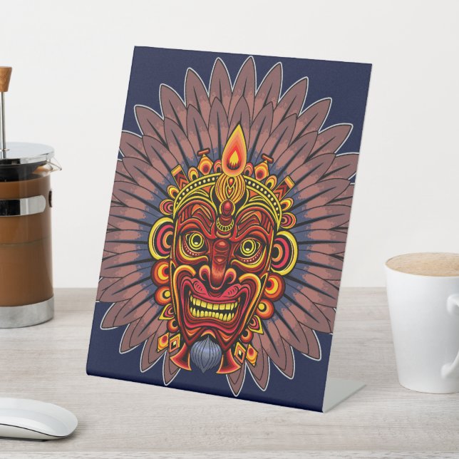 Tribal Warrior King Ritual Mask Pedestal Sign (In SItu)