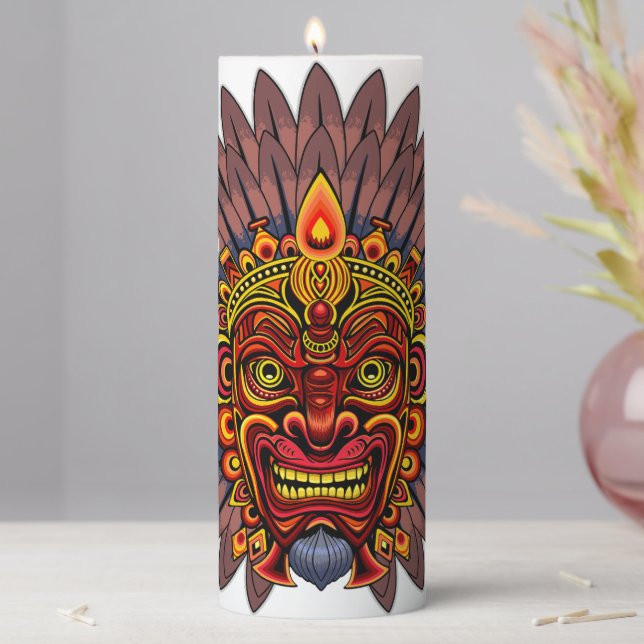 Tribal Warrior King Ritual Mask Pillar Candle (In Situ)