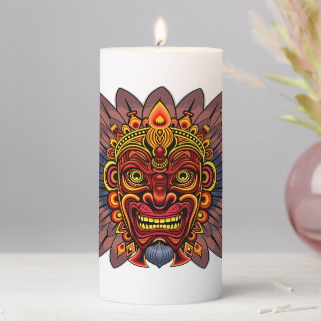 Tribal Warrior King Ritual Mask Pillar Candle (In Situ)