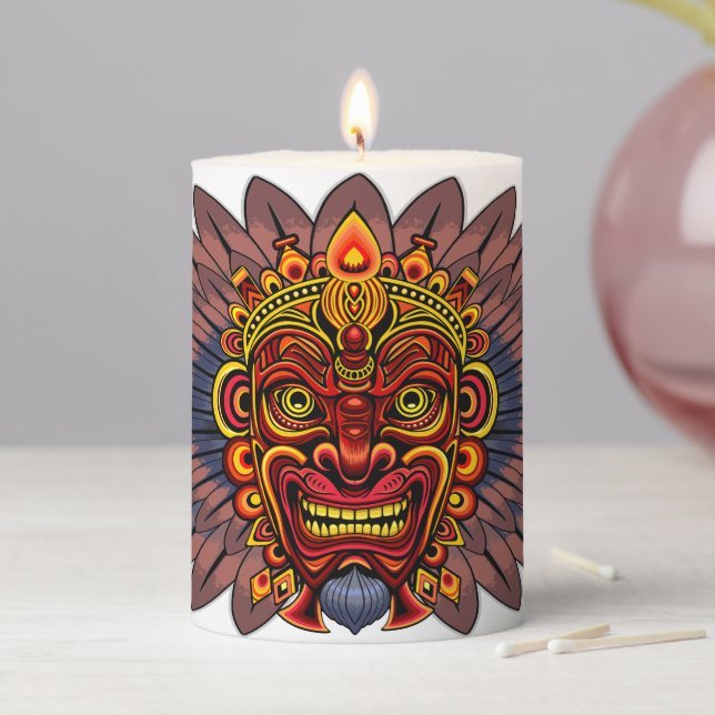 Tribal Warrior King Ritual Mask Pillar Candle (In Situ)