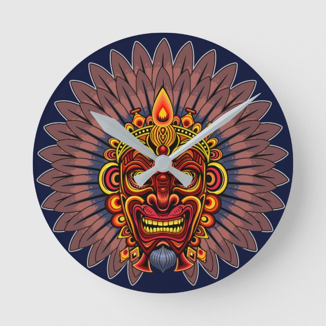 Tribal Warrior King Ritual Mask Round Clock (Front)