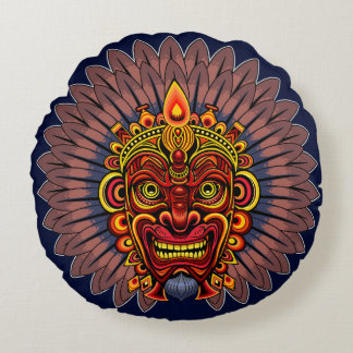 Tribal Warrior King Ritual Mask Round Pillow