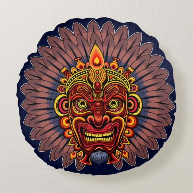 Tribal Warrior King Ritual Mask Round Pillow (Front)