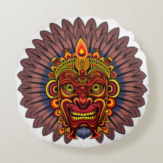 Tribal Warrior King Ritual Mask Round Pillow
