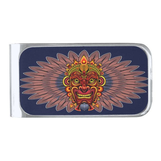Tribal Warrior King Ritual Mask Silver Finish Money Clip (Front)