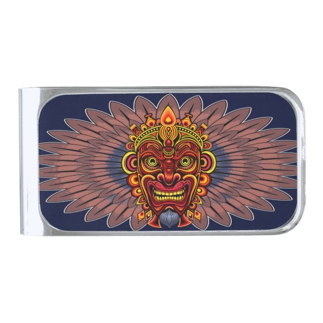 Tribal Warrior King Ritual Mask Silver Finish Money Clip (Front)