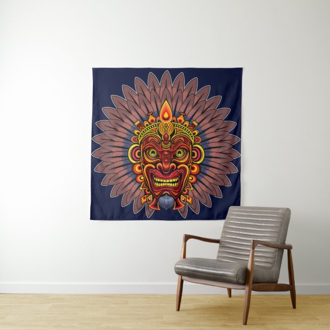Tribal Warrior King Ritual Mask Tapestry (In Situ)