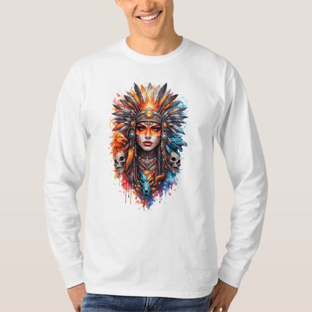 Tribal Warrior Queen Art – Fantasy Headdress Skull T-Shirt (Front)