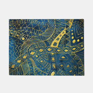 Tribal Watercolor and Gold Pattern on blue Doormat