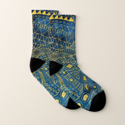 Tribal  Watercolor and Gold Pattern on blue Socks