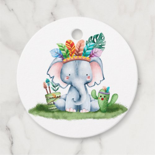 Tribal Watercolor Elephant Safari Birthday Party Favor Tags