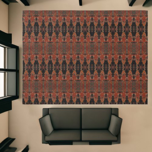 Tribal Western Orange Black Art Pattern Bull Skull Rug