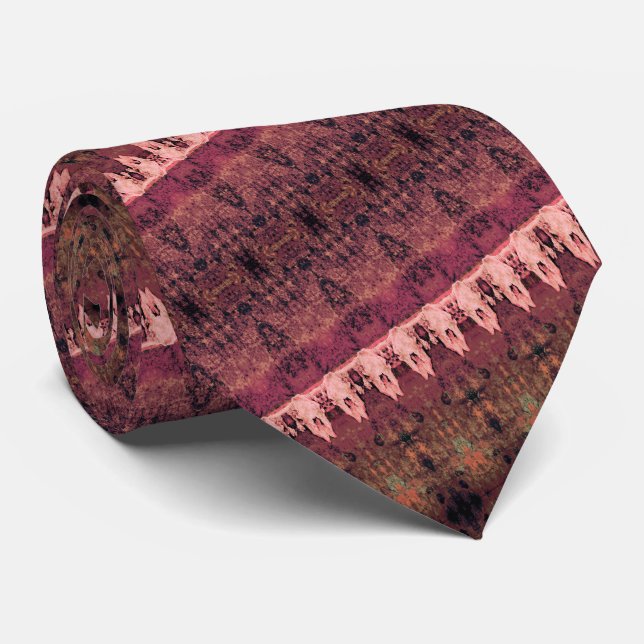 Tribal Western Pattern Brown Pink Bull Cow Skull Neck Tie (Rolled)