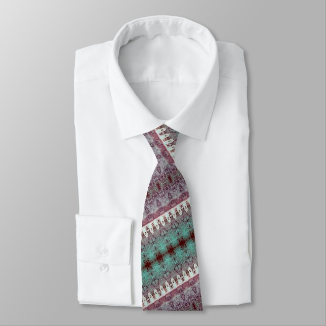 Tribal Western Pattern Teal Bull Cow Skull Country Neck Tie (Tied)
